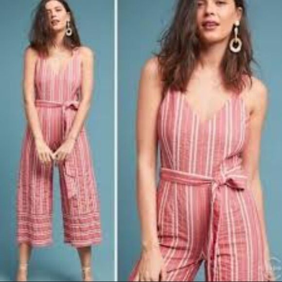 Anthropologie ett:twa Red Stripe Robin Romper Womens Size XSmall  Cropped Belt - Picture 1 of 14